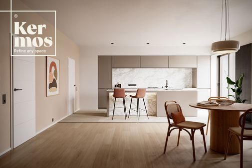 Küchenboden: Kermos Limestone cream Fliesen 120 x 120, Esszimmer KERMOS Laminat, oak mocca 1292x193x8 mm