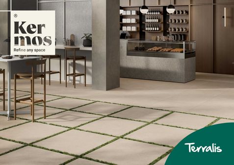 Terralis Newcon creme 80 x 80 x 2 cm für den Außenbereich und KERMOS Newcon creme 60 x 60 x 0,9 cm im Innenbereich
